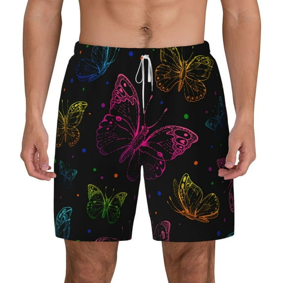 Lsque Mens Swim Trunks Butterfly Pattern - Bathing Suit Compression Liner - Beach Swim Shorts Swimwear - (S-3XL) - Stretch Quick Dry -Large