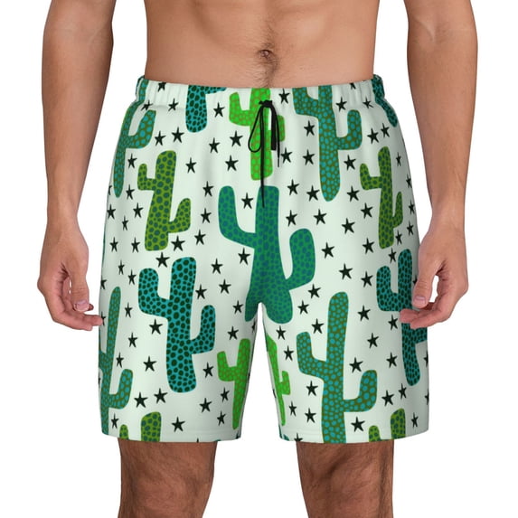 Lsque Mens Swim Trunks Cactus 1 Pattern - Bathing Suit Compression Liner - Beach Swim Shorts Swimwear - (S-3XL) - Stretch Quick Dry -