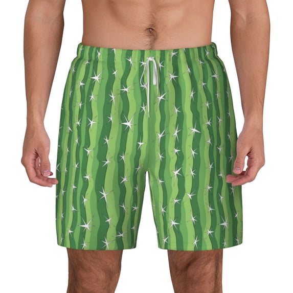 Lsque Mens Swim Trunks Cactus Pattern - Bathing Suit Compression Liner - Beach Swim Shorts Swimwear - (S-3XL) - Stretch Quick Dry -Medium
