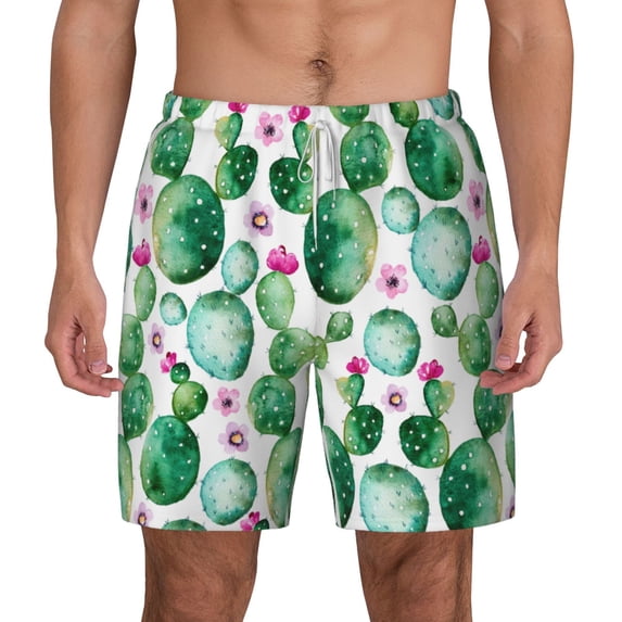 Lsque Mens Swim Trunks Cactus Plants Pattern - Bathing Suit Compression Liner - Beach Swim Shorts Swimwear - (S-3XL) - Stretch Quick Dry -Small