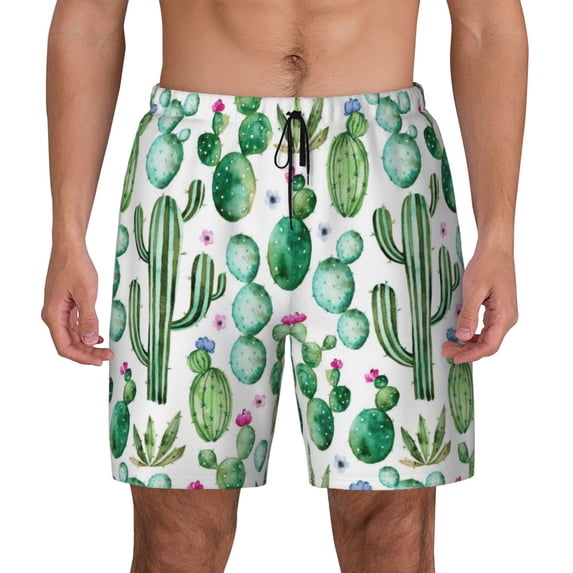 Lsque Mens Swim Trunks Cactus Plants1 Pattern - Bathing Suit Compression Liner - Beach Swim Shorts Swimwear - (S-3XL) - Stretch Quick Dry -Medium