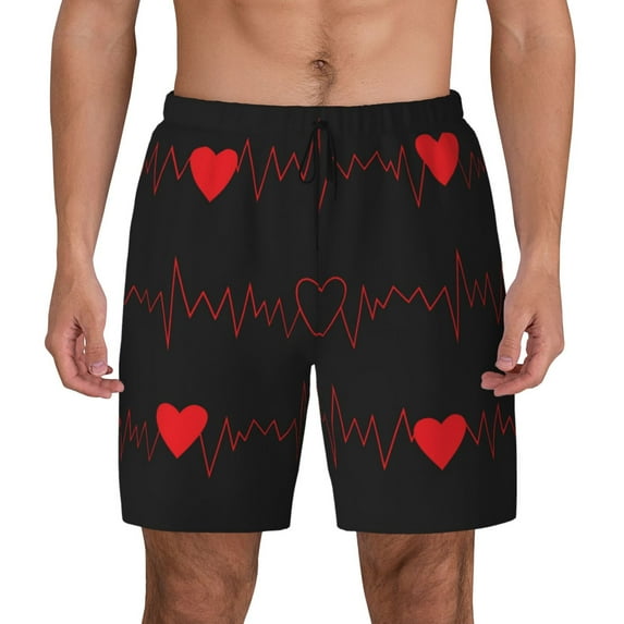 Lsque Mens Swim Trunks Cardiogram and Heart Pattern - Bathing Suit Compression Liner - Beach Swim Shorts Swimwear - (S-3XL) - Stretch Quick Dry -Large