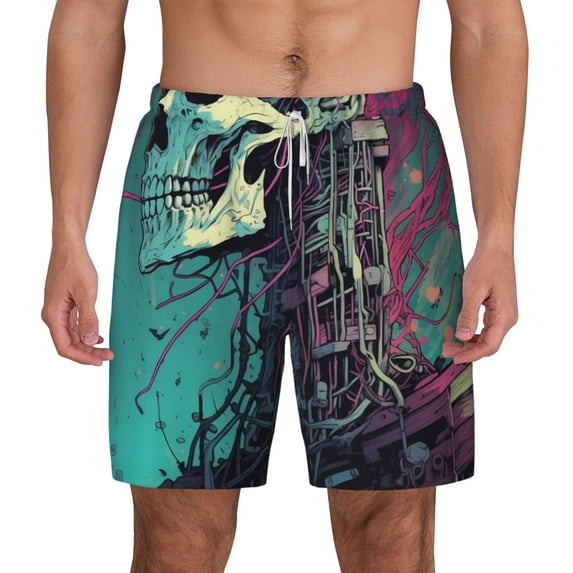 Lsque Mens Swim Trunks Cartoon Art Skull Pattern - Bathing Suit Compression Liner - Beach Swim Shorts Swimwear - (S-3XL) - Stretch Quick Dry -3X-Large