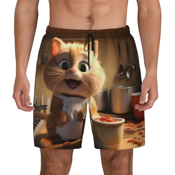 Lsque Mens Swim Trunks Cartoon Cooking Cat Pattern - Bathing Suit Compression Liner - Beach Swim Shorts Swimwear - (S-3XL) - Stretch Quick Dry -Large