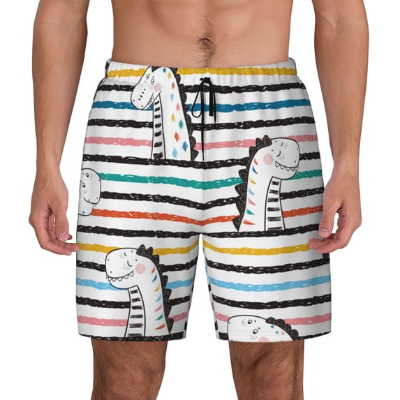 Lsque Mens Swim Trunks Cartoon Dinosaurs Pattern - Bathing Suit Compression Liner - Beach Swim Shorts Swimwear - (S-3XL) - Stretch Quick Dry -Small