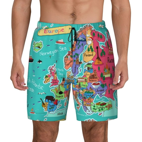 Lsque Mens Swim Trunks Cartoon Map Of Europe Pattern - Bathing Suit Compression Liner - Beach Swim Shorts Swimwear - (S-3XL) - Stretch Quick Dry -X-Large