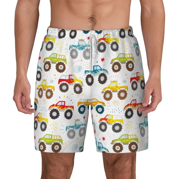 Lsque Mens Swim Trunks Cartoon Monster Trucks Pattern - Bathing Suit Compression Liner - Beach Swim Shorts Swimwear - (S-3XL) - Stretch Quick Dry -Medium