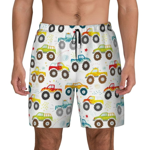 Lsque Mens Swim Trunks Cartoon Monster Trucks Pattern - Bathing Suit Compression Liner - Beach Swim Shorts Swimwear - (S-3XL) - Stretch Quick Dry -X-Large