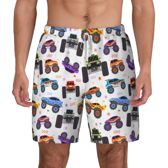 Lsque Mens Swim Trunks Cartoon Monster Trucks1 Pattern - Bathing Suit Compression Liner - Beach Swim Shorts Swimwear - (S-3XL) - Stretch Quick Dry -Small