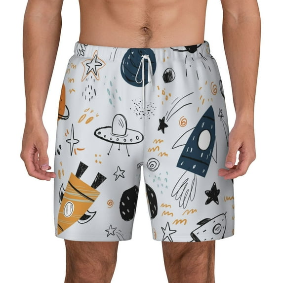 Lsque Mens Swim Trunks Cartoon Planets Pattern - Bathing Suit Compression Liner - Beach Swim Shorts Swimwear - (S-3XL) - Stretch Quick Dry -XX-Large