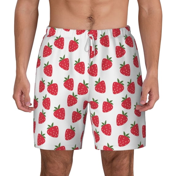 Lsque Mens Swim Trunks Cartoon Strawberry Pattern - Bathing Suit Compression Liner - Beach Swim Shorts Swimwear - (S-3XL) - Stretch Quick Dry -Small