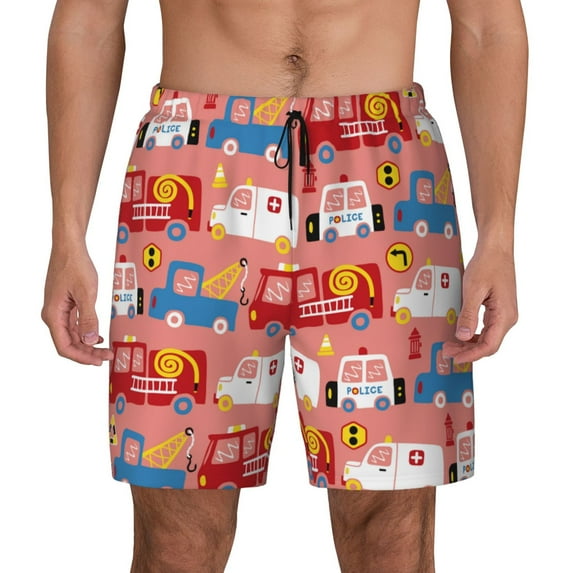 Lsque Mens Swim Trunks Cartoon with Traffic Elements Pattern - Bathing Suit Compression Liner - Beach Swim Shorts Swimwear - (S-3XL) - Stretch Quick Dry -Medium