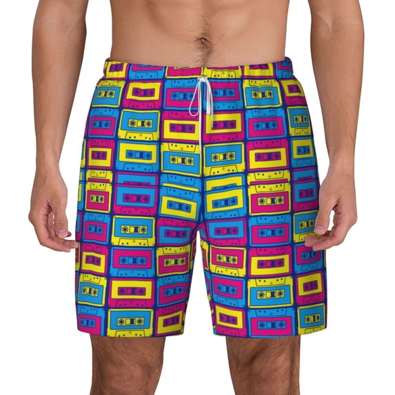 Lsque Mens Swim Trunks Cassette Tapes Pattern - Bathing Suit Compression Liner - Beach Swim Shorts Swimwear - (S-3XL) - Stretch Quick Dry -Small