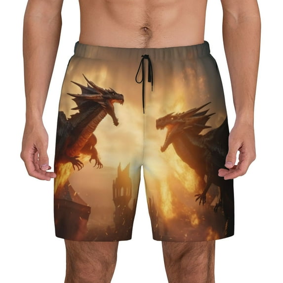 Lsque Mens Swim Trunks Castle Cool Fire Dragon Pattern - Bathing Suit Compression Liner - Beach Swim Shorts Swimwear - (S-3XL) - Stretch Quick Dry -Small