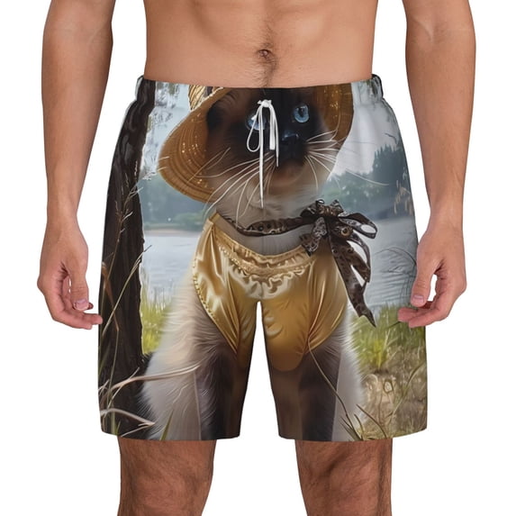 Lsque Mens Swim Trunks Cat In Sun Hat Pattern - Bathing Suit Compression Liner - Beach Swim Shorts Swimwear - (S-3XL) - Stretch Quick Dry -3X-Large