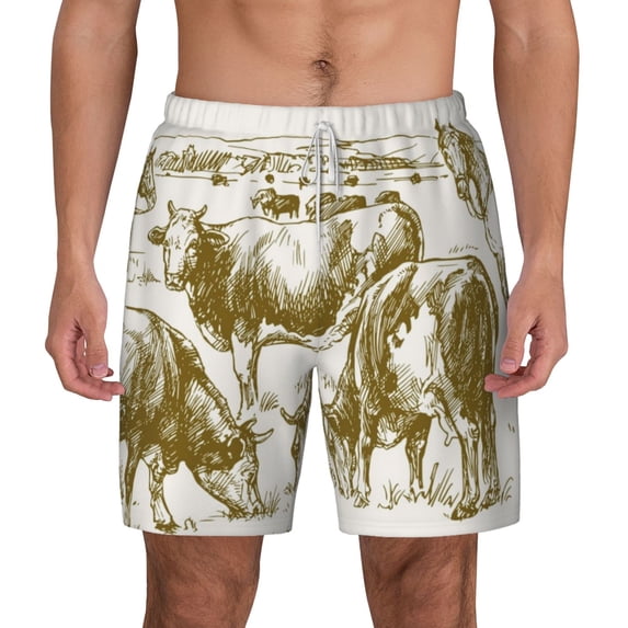 Lsque Mens Swim Trunks Cattle Drive By Two Cowboys 1 Pattern - Bathing Suit Compression Liner - Beach Swim Shorts Swimwear - (S-3XL) - Stretch Quick Dry -Large