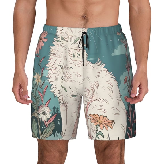 Lsque Mens Swim Trunks Celestial Cat And Flowers Pattern - Bathing Suit Compression Liner - Beach Swim Shorts Swimwear - (S-3XL) - Stretch Quick Dry -Medium