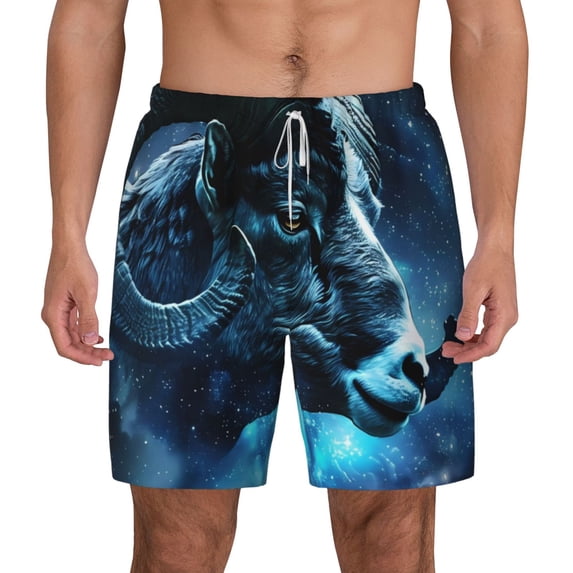Lsque Mens Swim Trunks Celestial Ram Night Sky Pattern - Bathing Suit Compression Liner - Beach Swim Shorts Swimwear - (S-3XL) - Stretch Quick Dry -3X-Large