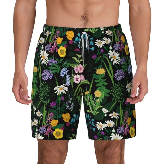Lsque Mens Swim Trunks Chamomile Pattern - Bathing Suit Compression Liner - Beach Swim Shorts Swimwear - (S-3XL) - Stretch Quick Dry -Small