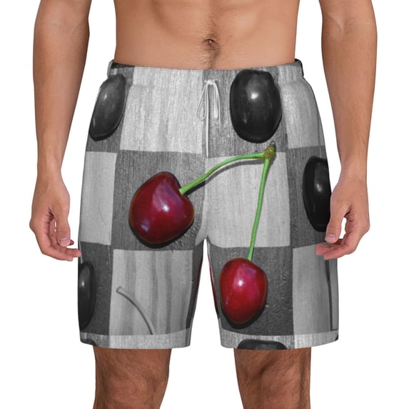 Lsque Mens Swim Trunks Cherries laid Pattern - Bathing Suit Compression Liner - Beach Swim Shorts Swimwear - (S-3XL) - Stretch Quick Dry -X-Large