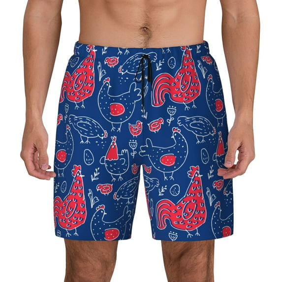 Lsque Mens Swim Trunks Chicken and Rooster Pattern - Bathing Suit Compression Liner - Beach Swim Shorts Swimwear - (S-3XL) - Stretch Quick Dry -X-Large