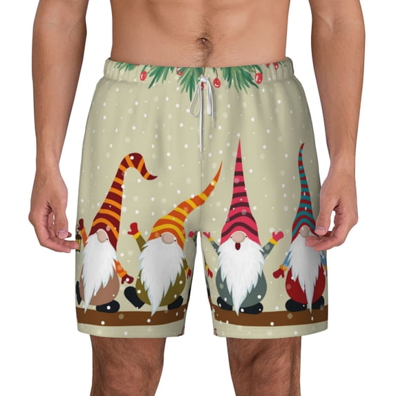 Lsque Mens Swim Trunks Christmas Card With Gnomes Pattern - Bathing Suit Compression Liner - Beach Swim Shorts Swimwear - (S-3XL) - Stretch Quick Dry -Small