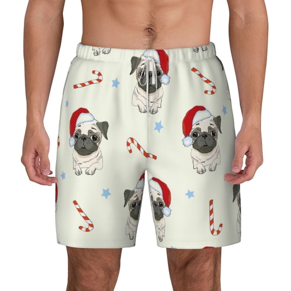 Lsque Mens Swim Trunks Christmas Pug Dog Pattern - Bathing Suit Compression Liner - Beach Swim Shorts Swimwear - (S-3XL) - Stretch Quick Dry -Large