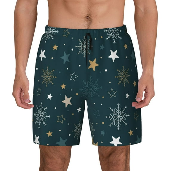 Lsque Mens Swim Trunks Christmas Snowflake Pattern - Bathing Suit Compression Liner - Beach Swim Shorts Swimwear - (S-3XL) - Stretch Quick Dry -Large
