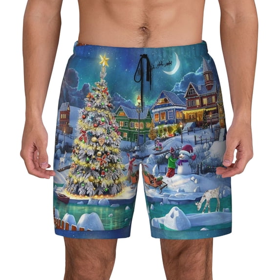 Lsque Mens Swim Trunks Christmas Tree Pattern - Bathing Suit Compression Liner - Beach Swim Shorts Swimwear - (S-3XL) - Stretch Quick Dry -3X-Large