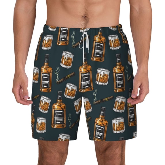 Lsque Mens Swim Trunks Cigar Pattern - Bathing Suit Compression Liner - Beach Swim Shorts Swimwear - (S-3XL) - Stretch Quick Dry -Large