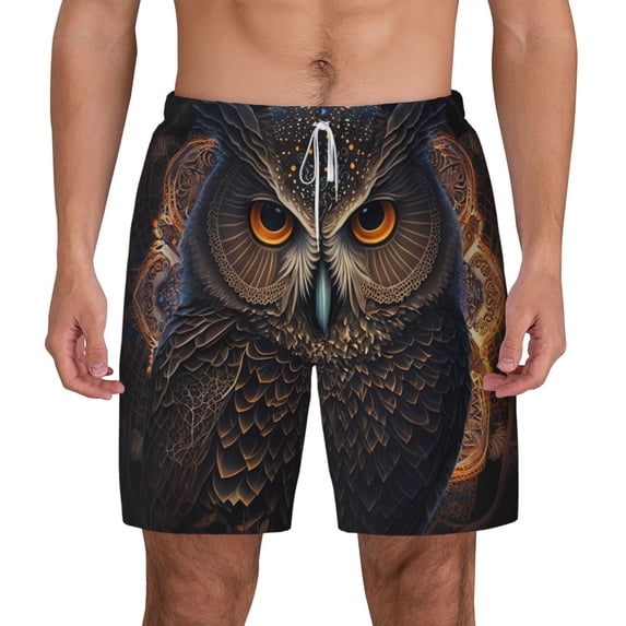 Lsque Mens Swim Trunks Classical Style Brown Owl Pattern - Bathing Suit Compression Liner - Beach Swim Shorts Swimwear - (S-3XL) - Stretch Quick Dry -X-Large