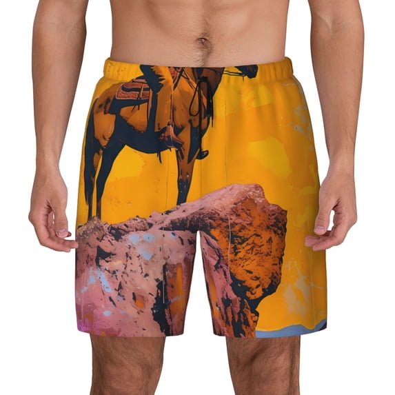 Lsque Mens Swim Trunks Cliff Western Cowboy Pattern - Bathing Suit Compression Liner - Beach Swim Shorts Swimwear - (S-3XL) - Stretch Quick Dry -Small