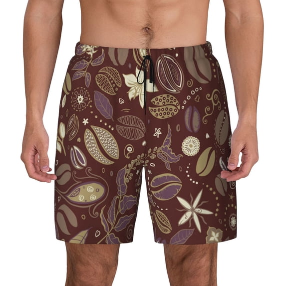 Lsque Mens Swim Trunks Coffee and Flowers Pattern - Bathing Suit Compression Liner - Beach Swim Shorts Swimwear - (S-3XL) - Stretch Quick Dry -X-Large