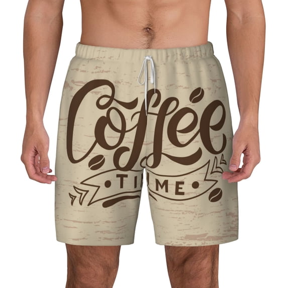 Lsque Mens Swim Trunks Coffee Time (2) Pattern - Bathing Suit Compression Liner - Beach Swim Shorts Swimwear - (S-3XL) - Stretch Quick Dry -Medium