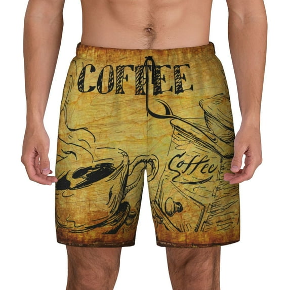 Lsque Mens Swim Trunks Coffee Vintage Pattern - Bathing Suit Compression Liner - Beach Swim Shorts Swimwear - (S-3XL) - Stretch Quick Dry -Medium
