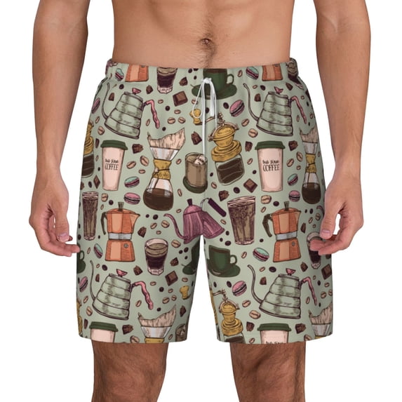 Lsque Mens Swim Trunks Coffee pots cup Pattern - Bathing Suit Compression Liner - Beach Swim Shorts Swimwear - (S-3XL) - Stretch Quick Dry -X-Large