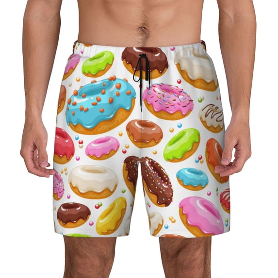 Lsque Mens Swim Trunks Color Donut Pattern - Bathing Suit Compression Liner - Beach Swim Shorts Swimwear - (S-3XL) - Stretch Quick Dry -Large