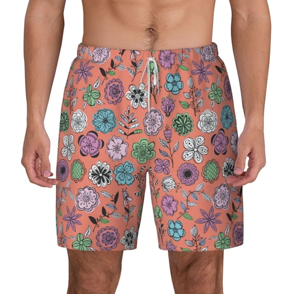 Lsque Mens Swim Trunks Color Flowers Pattern - Bathing Suit Compression Liner - Beach Swim Shorts Swimwear - (S-3XL) - Stretch Quick Dry -3X-Large