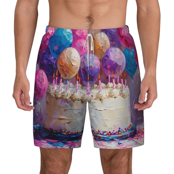 Lsque Mens Swim Trunks Colorful Balloon Cake Celebration Pattern - Bathing Suit Compression Liner - Beach Swim Shorts Swimwear - (S-3XL) - Stretch Quick Dry -X-Large