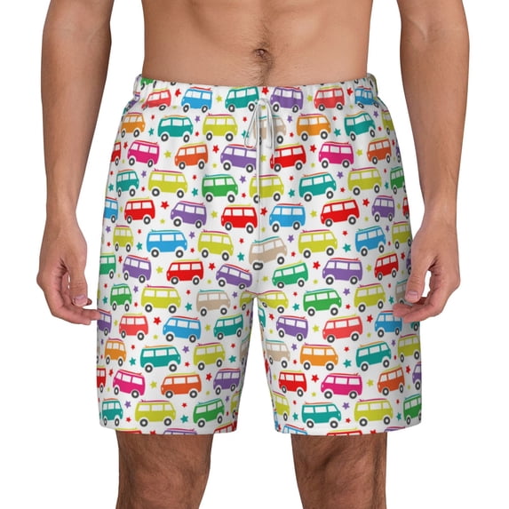 Lsque Mens Swim Trunks Colorful Bus Pattern - Bathing Suit Compression Liner - Beach Swim Shorts Swimwear - (S-3XL) - Stretch Quick Dry -3X-Large