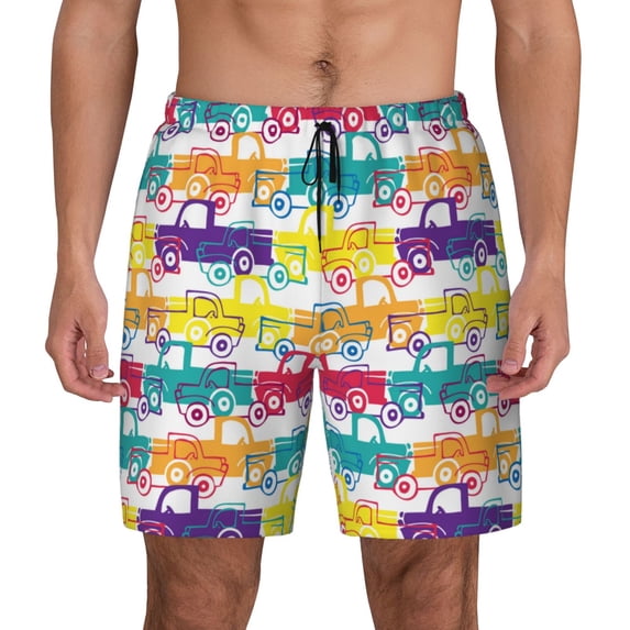 Lsque Mens Swim Trunks Colorful Car Pattern - Bathing Suit Compression Liner - Beach Swim Shorts Swimwear - (S-3XL) - Stretch Quick Dry -Large