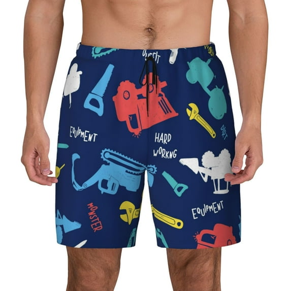 Lsque Mens Swim Trunks Colorful Excavator Pattern - Bathing Suit Compression Liner - Beach Swim Shorts Swimwear - (S-3XL) - Stretch Quick Dry -Medium