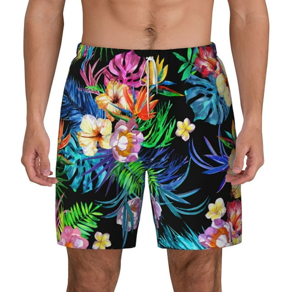 Lsque Mens Swim Trunks Colorful Flowers Pattern - Bathing Suit Compression Liner - Beach Swim Shorts Swimwear - (S-3XL) - Stretch Quick Dry -Large