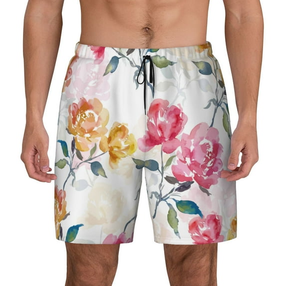 Lsque Mens Swim Trunks Colorful Flowers Pattern - Bathing Suit Compression Liner - Beach Swim Shorts Swimwear - (S-3XL) - Stretch Quick Dry -Small