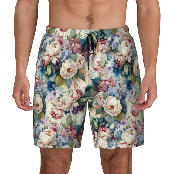 Lsque Mens Swim Trunks Colorful Flowers Pattern - Bathing Suit Compression Liner - Beach Swim Shorts Swimwear - (S-3XL) - Stretch Quick Dry -