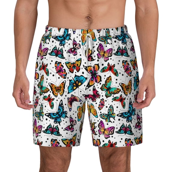 Lsque Mens Swim Trunks Colorful Flying Butterflies Pattern - Bathing Suit Compression Liner - Beach Swim Shorts Swimwear - (S-3XL) - Stretch Quick Dry -Medium