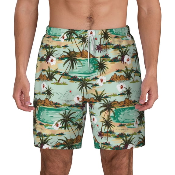 Lsque Mens Swim Trunks Colorful Hawaii Palms Pattern - Bathing Suit Compression Liner - Beach Swim Shorts Swimwear - (S-3XL) - Stretch Quick Dry -Large