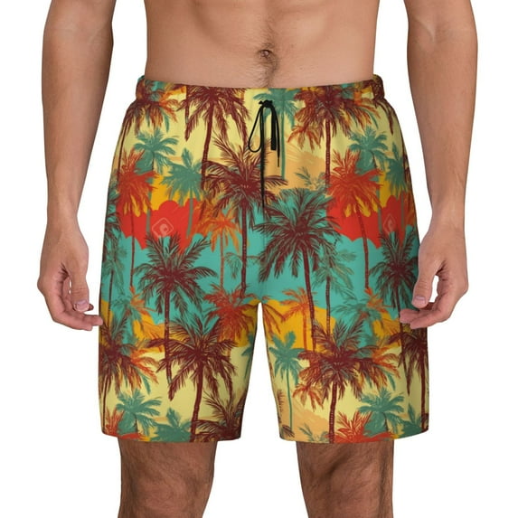 Lsque Mens Swim Trunks Colorful Hawaii Palms Pattern - Bathing Suit Compression Liner - Beach Swim Shorts Swimwear - (S-3XL) - Stretch Quick Dry -Small