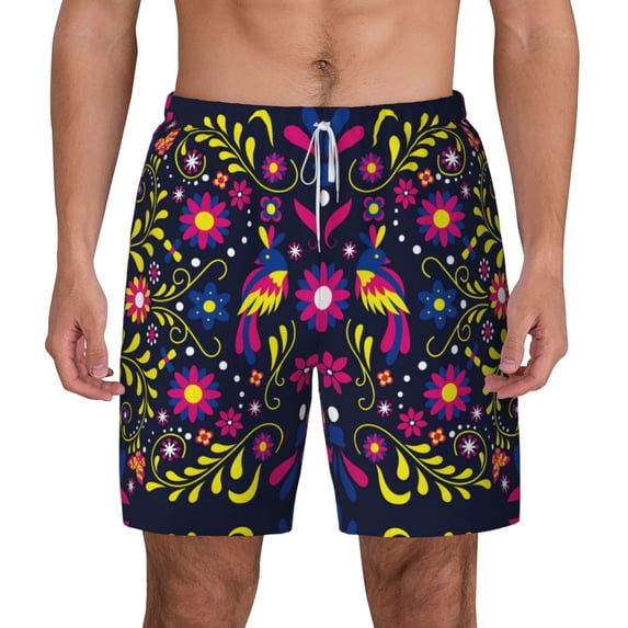 Lsque Mens Swim Trunks Colorful Mexican Pattern - Bathing Suit Compression Liner - Beach Swim Shorts Swimwear - (S-3XL) - Stretch Quick Dry -Medium
