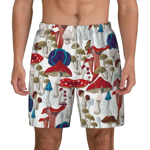 Lsque Mens Swim Trunks Colorful Mushrooms (2) Pattern - Bathing Suit Compression Liner - Beach Swim Shorts Swimwear - (S-3XL) - Stretch Quick Dry -X-Large